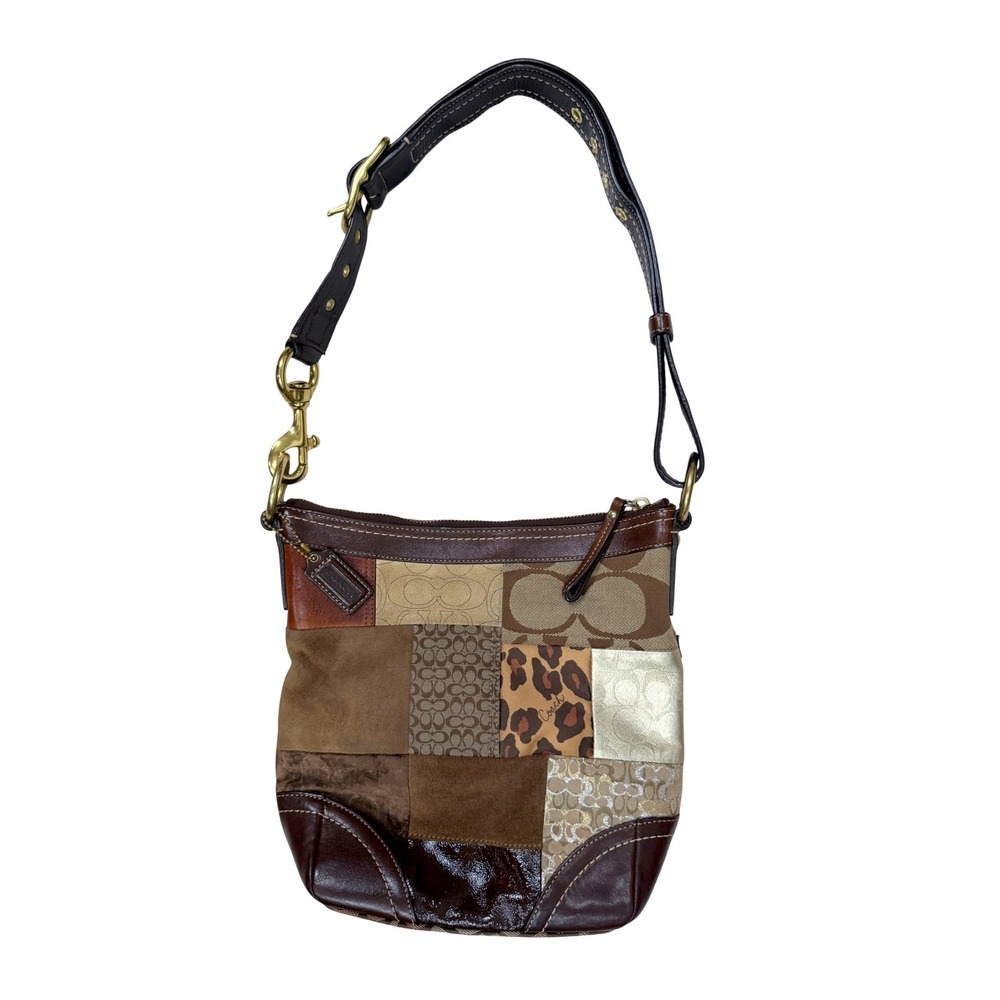 Vintage Coach F12840 Patchwork Hobo Shoulder Bag Leather Suede Leopard Y2K